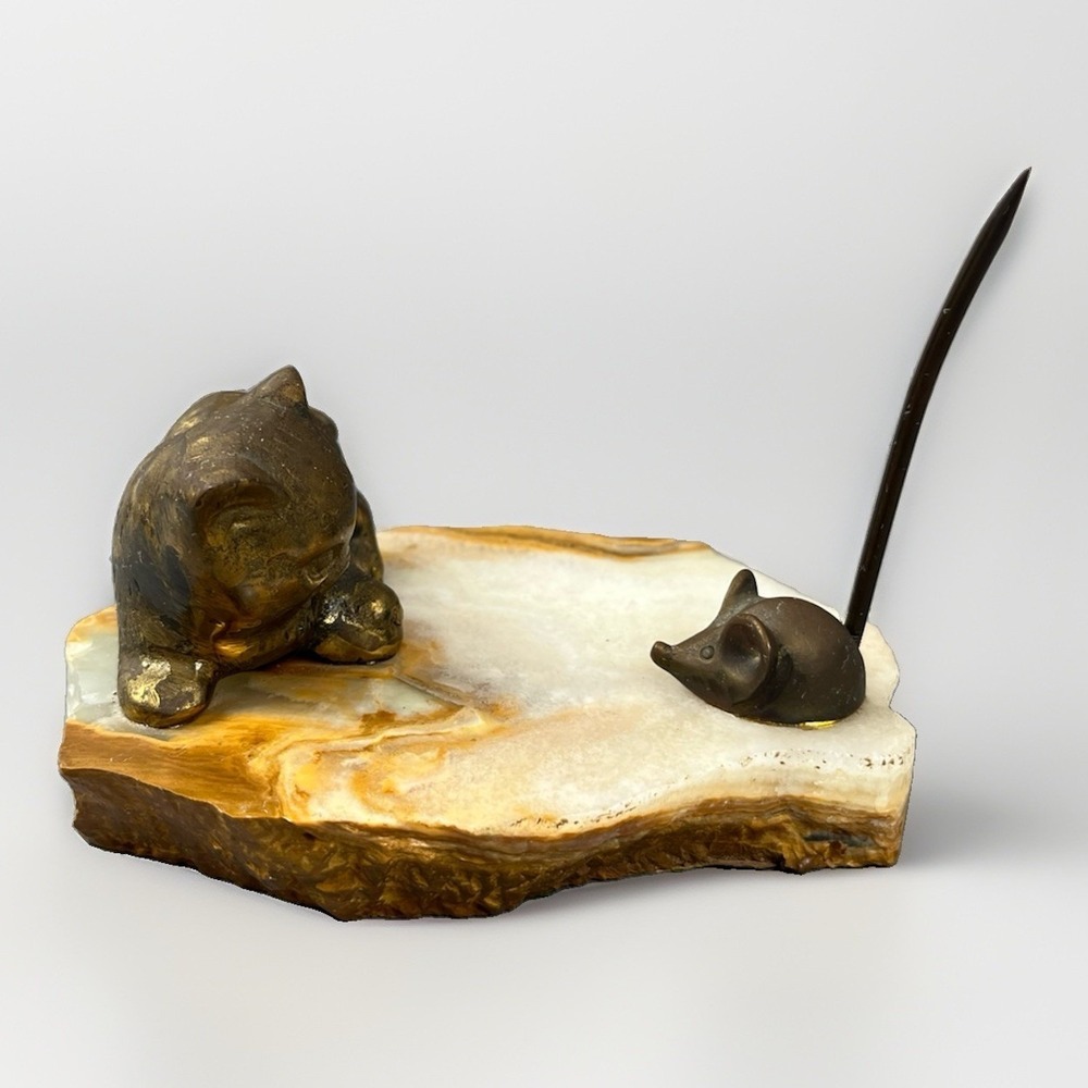 VTG Paperweight Brass Cat & Mouse Memo Holder Mid Century Hollywood Regency MCM